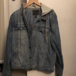 denim button up jacket with jersey hoody